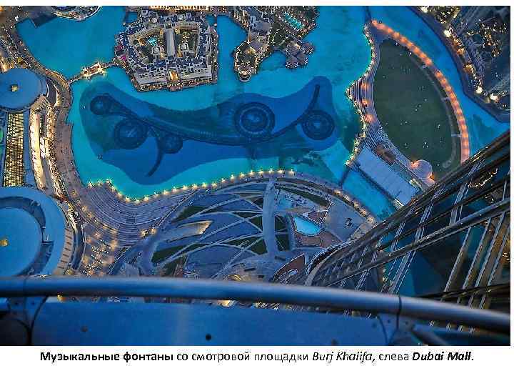 Музыкальные фонтаны со смотровой площадки Burj Khalifa, слева Dubai Mall. 