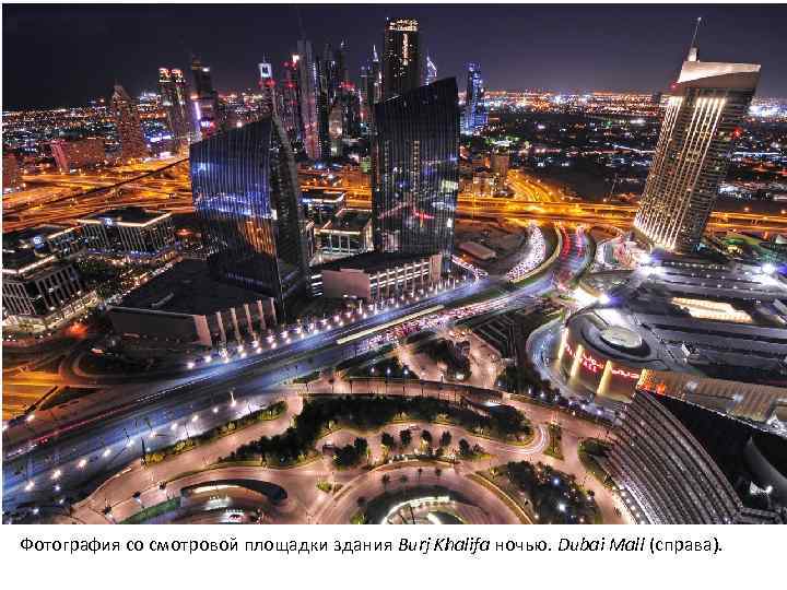 Фотография со смотровой площадки здания Burj Khalifa ночью. Dubai Mall (справа). 