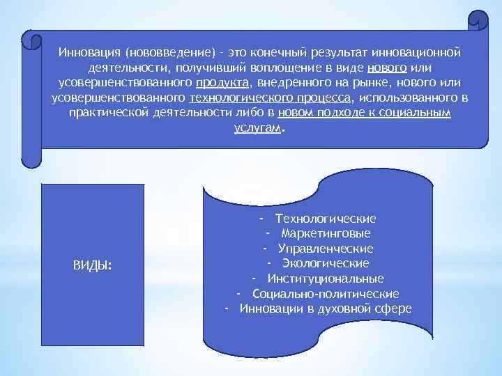 Инновация (нововведение) – это конечный результат инновационной деятельности, получивший воплощение в виде нового или