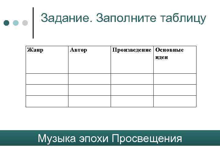 Задание. Заполните таблицу Жанр Автор Произведение Основные идеи Музыка эпохи Просвещения 