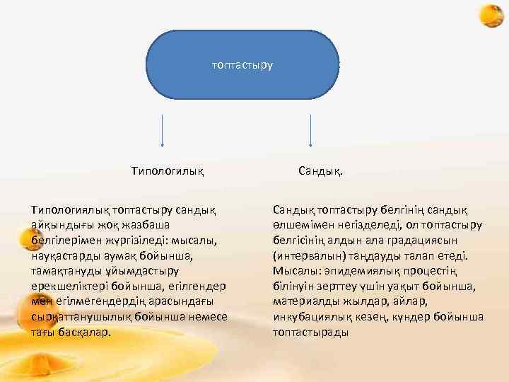 топтастыру Типологилық Типологиялық топтастыру сандық айқындығы жоқ жазбаша белгілерімен жүргізіледі: мысалы, науқастарды аумақ бойынша,