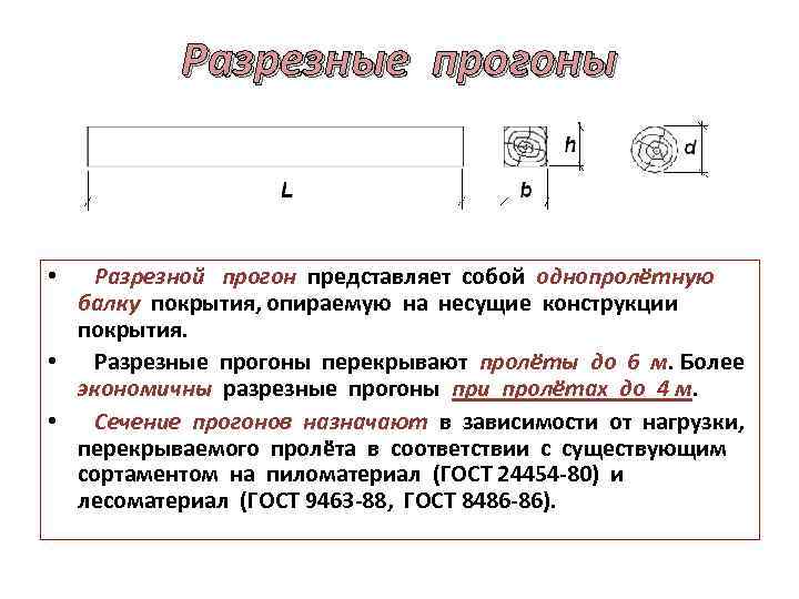 Разрезные прогоны • Разрезной прогон представляет собой однопролётную балку покрытия, опираемую на несущие конструкции