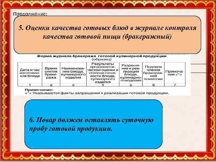 Продолжение: 5. Оценки качества готовых блюд в журнале контроля качества готовой пищи (бракеражный) 6.