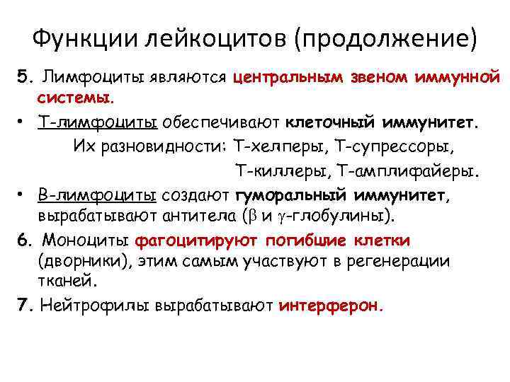 Функции лейкоцитов (продолжение) 5. Лимфоциты являются центральным звеном иммунной системы. • Т-лимфоциты обеспечивают клеточный