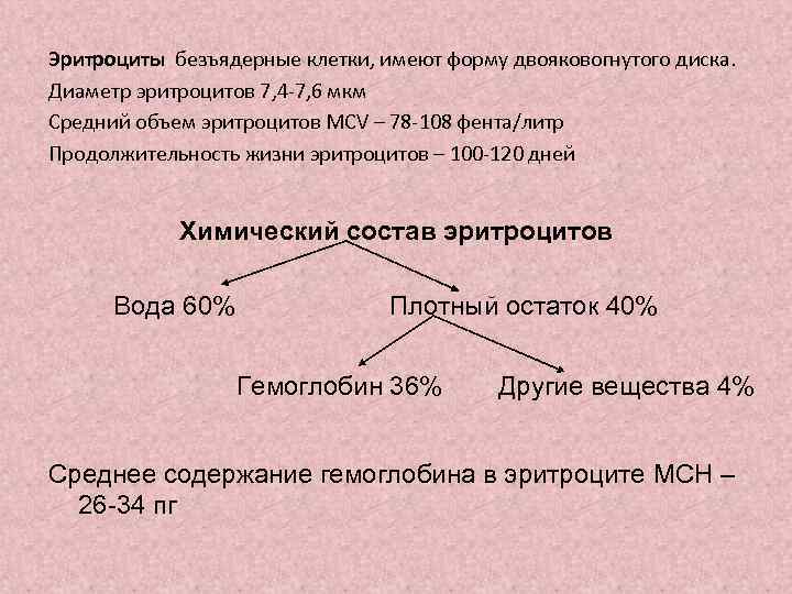 Эритроциты безъядерные клетки, имеют форму двояковогнутого диска. Диаметр эритроцитов 7, 4 -7, 6 мкм