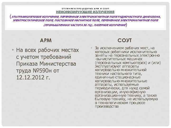 ОТЛИЧИЯ В ПРОЦЕДУРАХ АРМ И СОУТ НЕИОНИЗИРУЮЩИЕ ИЗЛУЧЕНИЯ (УЛЬТРАФИОЛЕТОВОЕ ИЗЛУЧЕНИЕ, ПЕРЕМЕННОЕ ЭЛЕКТРОМАГНИТНОЕ ПОЛЕ РАДИОЧАСТНОГО