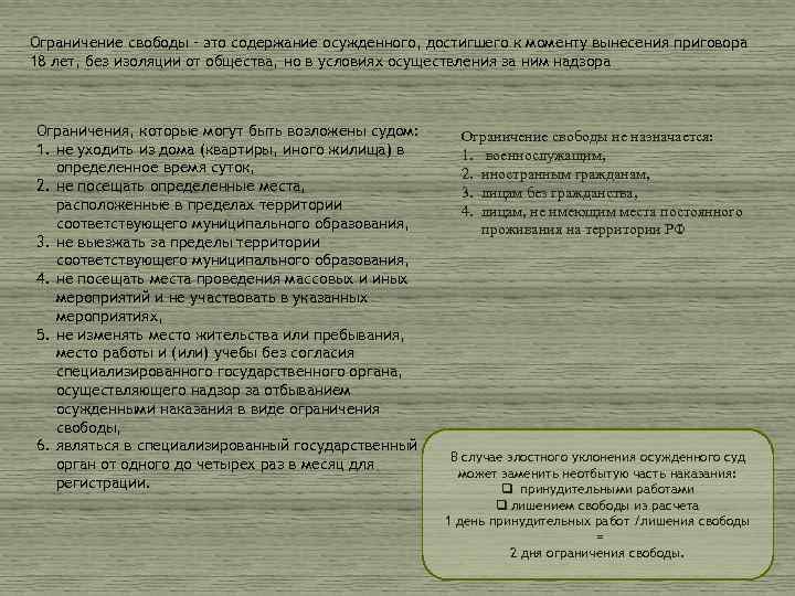 Ограничение свободы – это содержание осужденного, достигшего к моменту вынесения приговора 18 лет, без