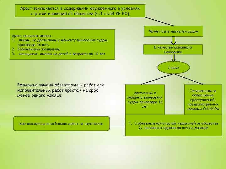 Арест заключается в содержании осужденного в условиях строгой изоляции от общества (ч. 1 ст.