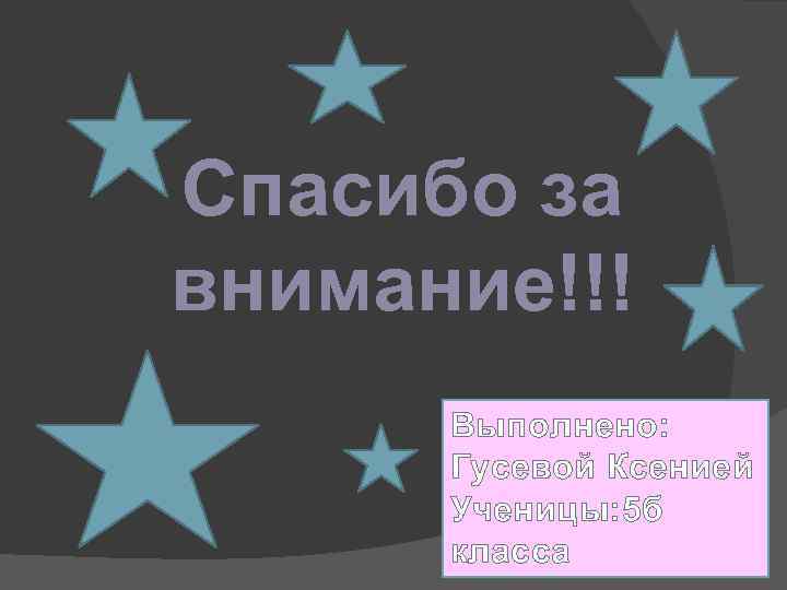 Спасибо за внимание!!! Выполнено: Гусевой Ксенией Ученицы: 5 б класса 