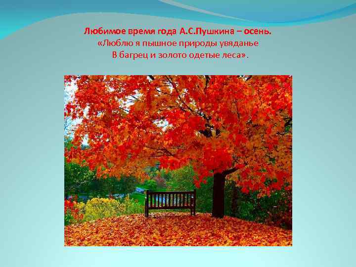 Любимое время года А. С. Пушкина – осень. «Люблю я пышное природы увяданье В