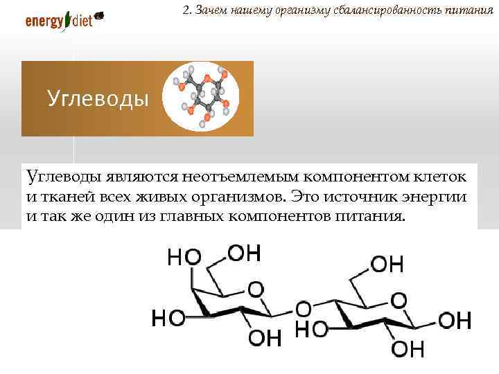 2. Зачем нашему организму сбалансированность питания Углеводы являются неотъемлемым компонентом клеток и тканей всех