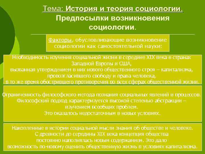 Тема: История и теория социологии. Предпосылки возникновения социологии. Факторы, обусловливающие возникновение социологии как самостоятельной