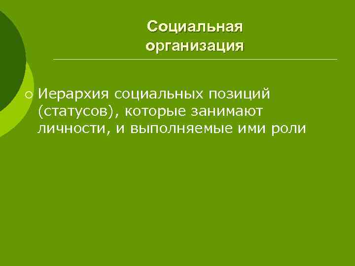 Социальная организация ¡ Иерархия социальных позиций (статусов), которые занимают личности, и выполняемые ими роли