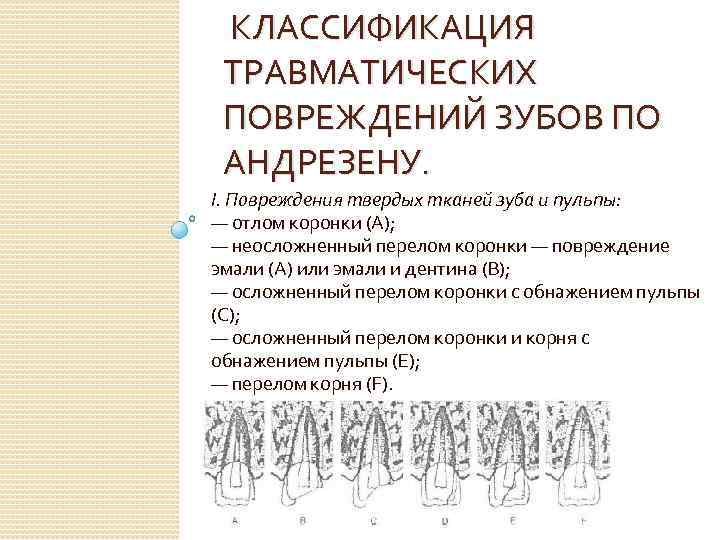  КЛАССИФИКАЦИЯ ТРАВМАТИЧЕСКИХ ПОВРЕЖДЕНИЙ ЗУБОВ ПО АНДРЕЗЕНУ. I. Повреждения твердых тканей зуба и пульпы: