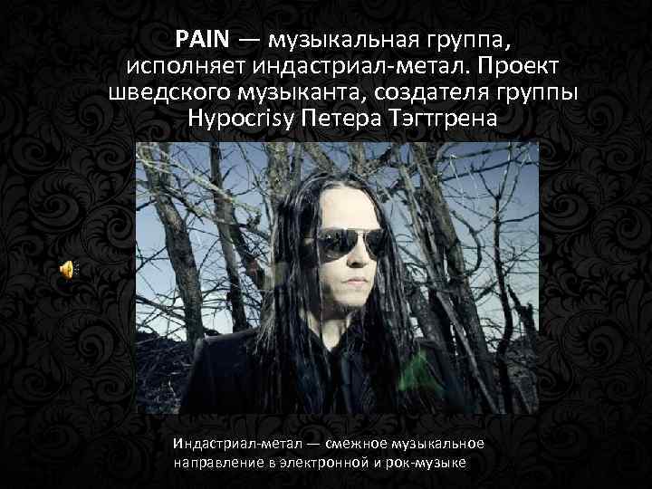  PAIN — музыкальная группа, исполняет индастриал-метал. Проект шведского музыканта, создателя группы Hypocrisy Петера