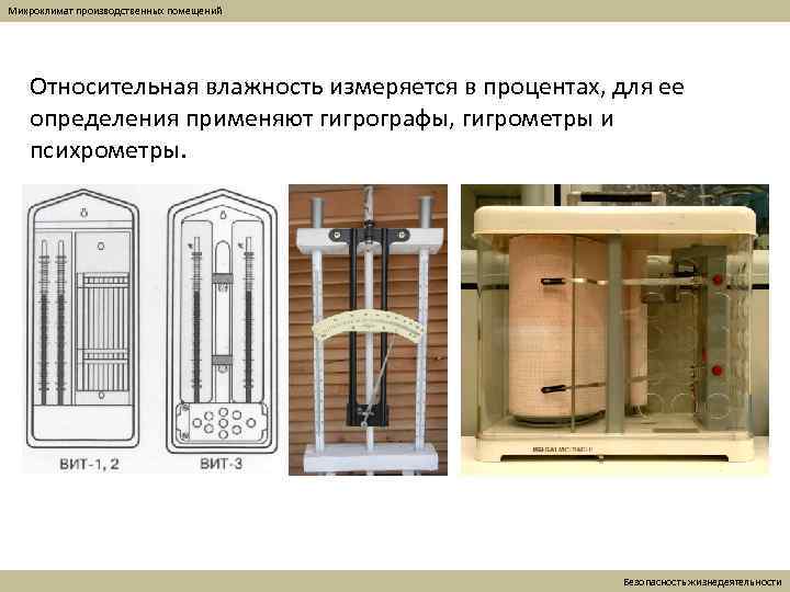 Микроклимат производственных помещений Относительная влажность измеряется в процентах, для ее определения применяют гигрографы, гигрометры