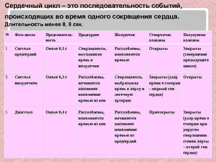 Сердечный цикл – это последовательность событий, происходящих во время одного сокращения сердца. Длительность менее