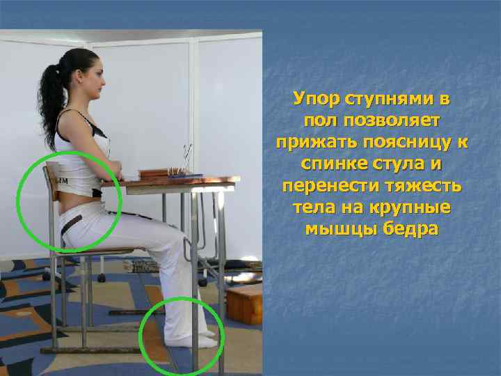 Упор ступнями в пол позволяет прижать поясницу к спинке стула и перенести тяжесть тела