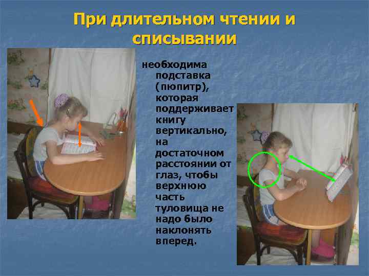 При длительном чтении и списывании необходима подставка (пюпитр), которая поддерживает книгу вертикально, на достаточном