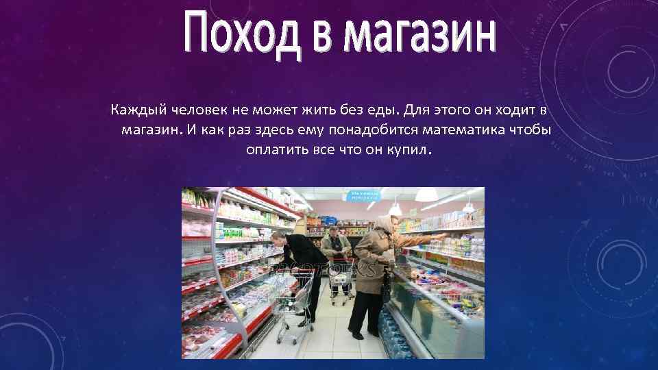 Каждый человек не может жить без еды. Для этого он ходит в магазин. И