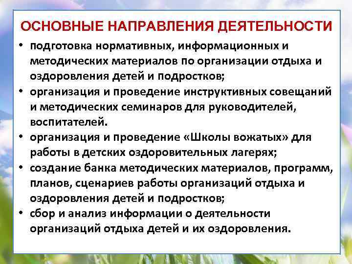 ОСНОВНЫЕ НАПРАВЛЕНИЯ ДЕЯТЕЛЬНОСТИ • подготовка нормативных, информационных и методических материалов по организации отдыха и