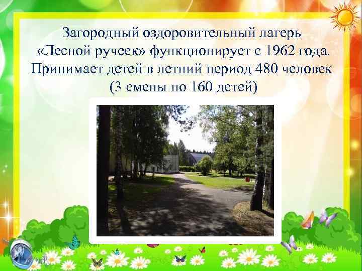 Загородный оздоровительный лагерь «Лесной ручеек» функционирует с 1962 года. Принимает детей в летний период