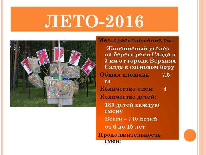 ЛЕТО-2016 Месторасположение о/л: Живописный уголок на берегу реки Салда в 5 км от города