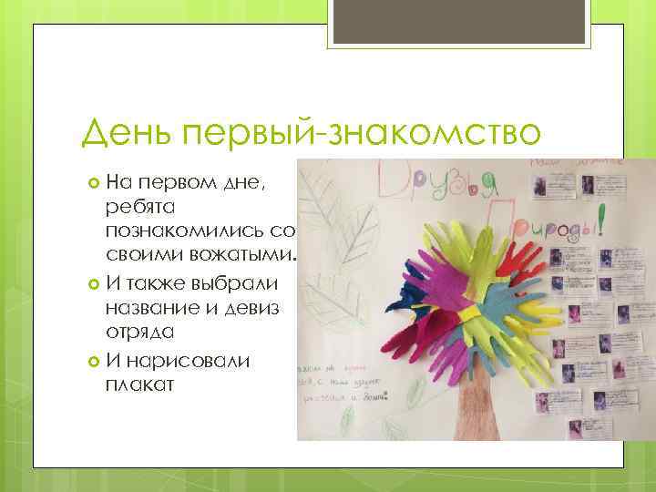 День первый-знакомство На первом дне, ребята познакомились со своими вожатыми. И также выбрали название