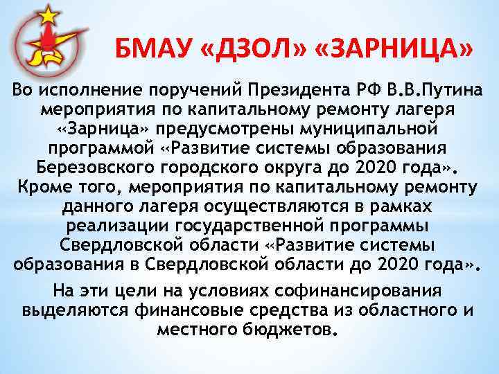 БМАУ «ДЗОЛ» «ЗАРНИЦА» Во исполнение поручений Президента РФ В. В. Путина мероприятия по капитальному