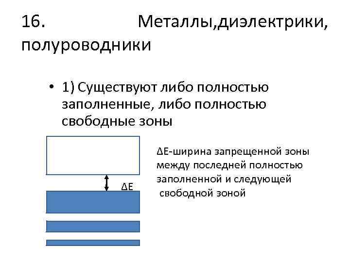 16. Металлы, диэлектрики, полуроводники • 1) Существуют либо полностью заполненные, либо полностью свободные зоны