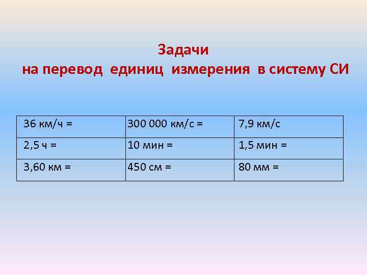 Задачи на перевод единиц измерения в систему СИ 36 км/ч = 300 000 км/с