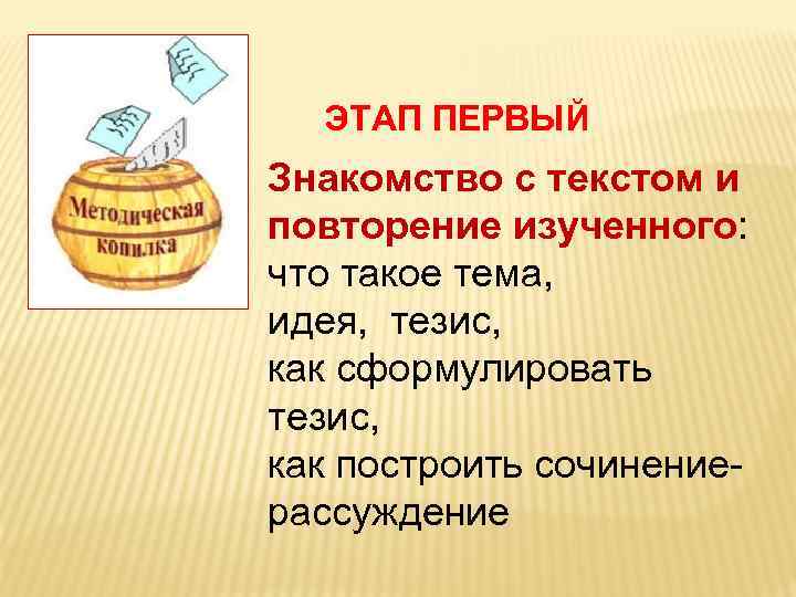 ЭТАП ПЕРВЫЙ Знакомство с текстом и повторение изученного: что такое тема, идея, тезис, как