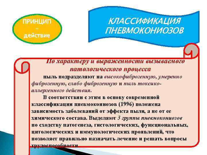 ПРИНЦИП действие КЛАССИФИКАЦИЯ ПНЕВМОКОНИОЗОВ По характеру и выраженности вызываемого патологического процесса пыль подразделяют на