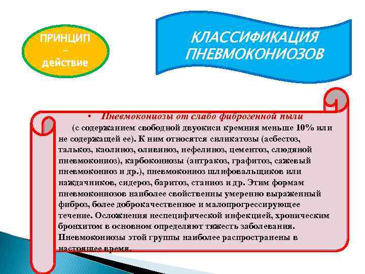 ПРИНЦИП действие КЛАССИФИКАЦИЯ ПНЕВМОКОНИОЗОВ • Пневмокониозы от слабо фиброгенной пыли (с содержанием свободной двуокиси