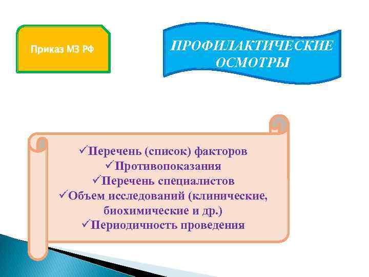 Приказ МЗ РФ ПРОФИЛАКТИЧЕСКИЕ ОСМОТРЫ üПеречень (список) факторов üПротивопоказания üПеречень специалистов üОбъем исследований (клинические,