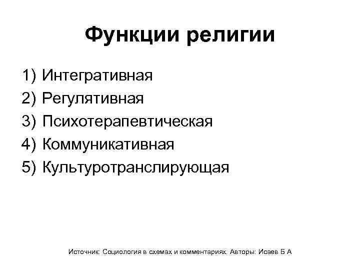 Функции религии 1) 2) 3) 4) 5) Интегративная Регулятивная Психотерапевтическая Коммуникативная Культуротранслирующая Источник: Социология