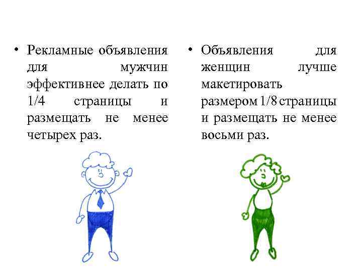  • Рекламные объявления для мужчин эффективнее делать по 1/4 страницы и размещать не