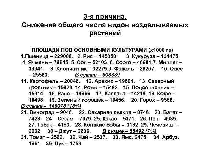 3 -я причина. Снижение общего числа видов возделываемых растений ПЛОЩАДИ ПОД ОСНОВНЫМИ КУЛЬТУРАМИ (х1000