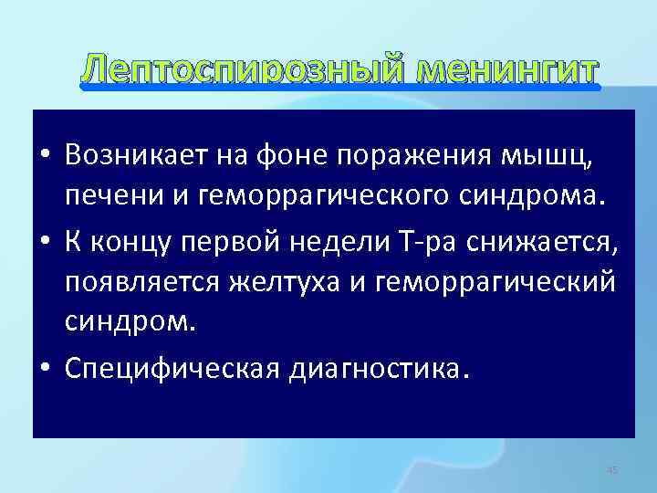 Лептоспирозный менингит • Возникает на фоне поражения мышц, печени и геморрагического синдрома. • К