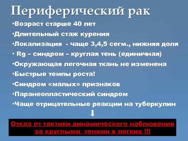 Периферический рак • Возраст старше 40 лет • Длительный стаж курения • Локализация -