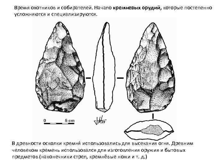 Время охотников и собирателей. Начало кремневых орудий, которые постепенно усложняются и специализируются. В древности