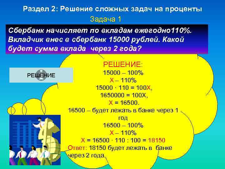 Раздел 2: Решение сложных задач на проценты Задача 1 Сбербанк начисляет по вкладам ежегодно