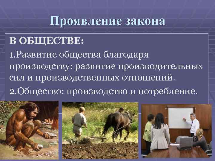 Проявление закона В ОБЩЕСТВЕ: 1. Развитие общества благодаря производству: развитие производительных сил и производственных