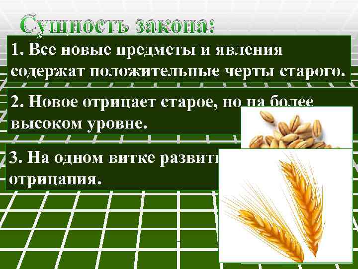 Сущность закона: 1. Все новые предметы и явления содержат положительные черты старого. 2. Новое