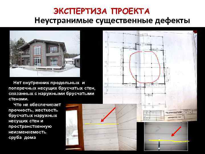 ЭКСПЕРТИЗА ПРОЕКТА Неустранимые существенные дефекты Нет внутренних продольных и поперечных несущих брусчатых стен, связанных