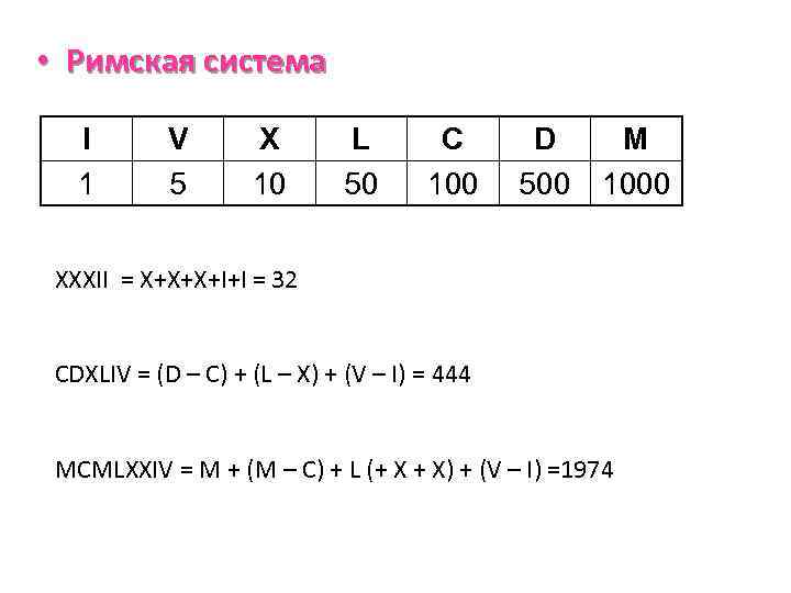  • Римская система I 1 V 5 X 10 L 50 C 100