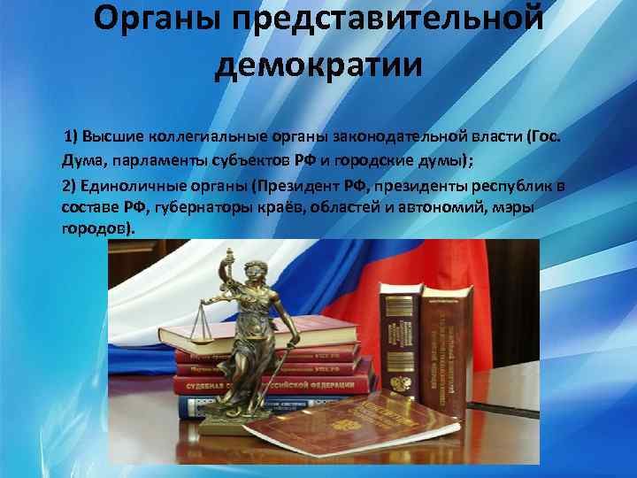 Органы представительной демократии 1) Высшие коллегиальные органы законодательной власти (Гос. Дума, парламенты субъектов РФ