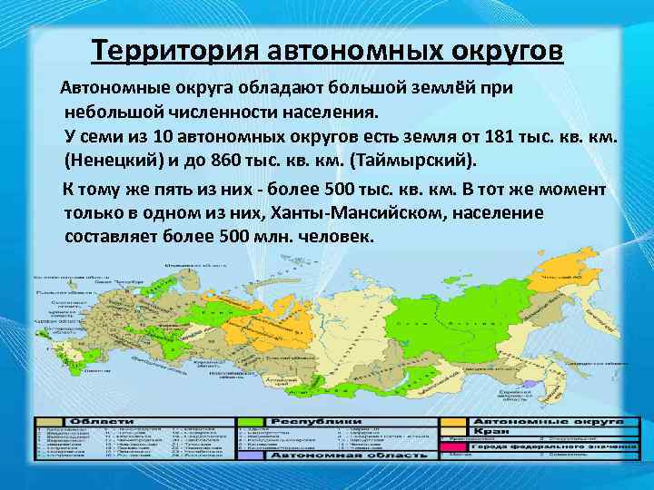 Территория автономных округов Автономные округа обладают большой землёй при небольшой численности населения. У семи