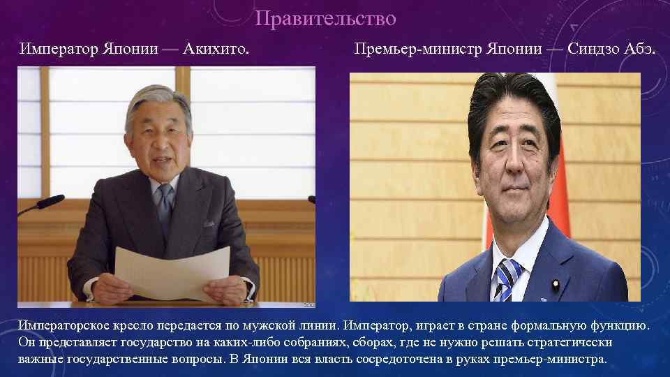 Правительство Император Японии — Акихито. Премьер-министр Японии — Синдзо Абэ. Императорское кресло передается по