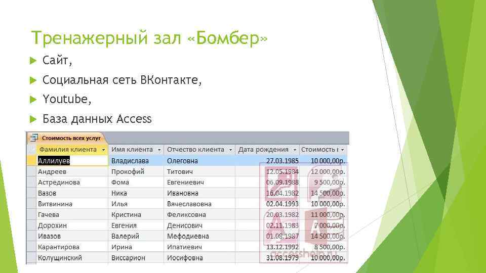 Тренажерный зал «Бомбер» Сайт, Социальная сеть ВКонтакте, Youtube, База данных Access 